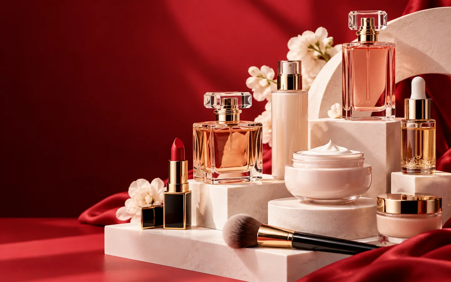 Editorial cosmetics and fragrance arrangement for EUROKOS