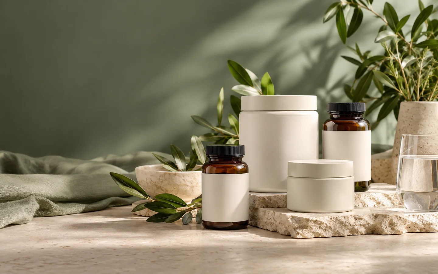 Editorial supplement bottles and natural materials for Greatlife