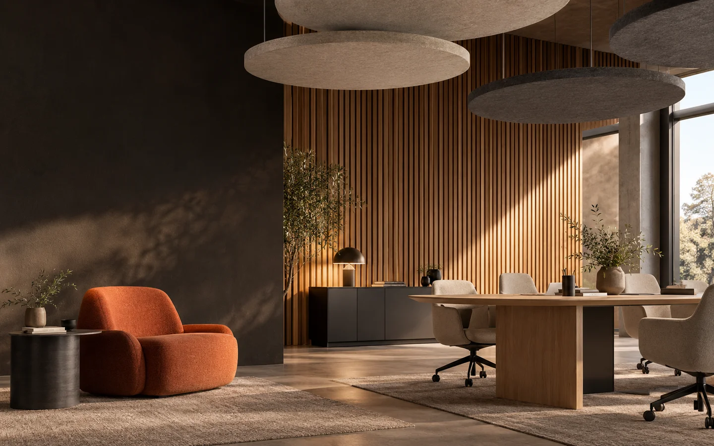 Editorial interior with acoustic wall and ceiling panels for SONIO